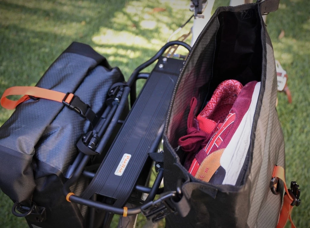 bike panniers - loading up some clothes and shoes for a day on the go.