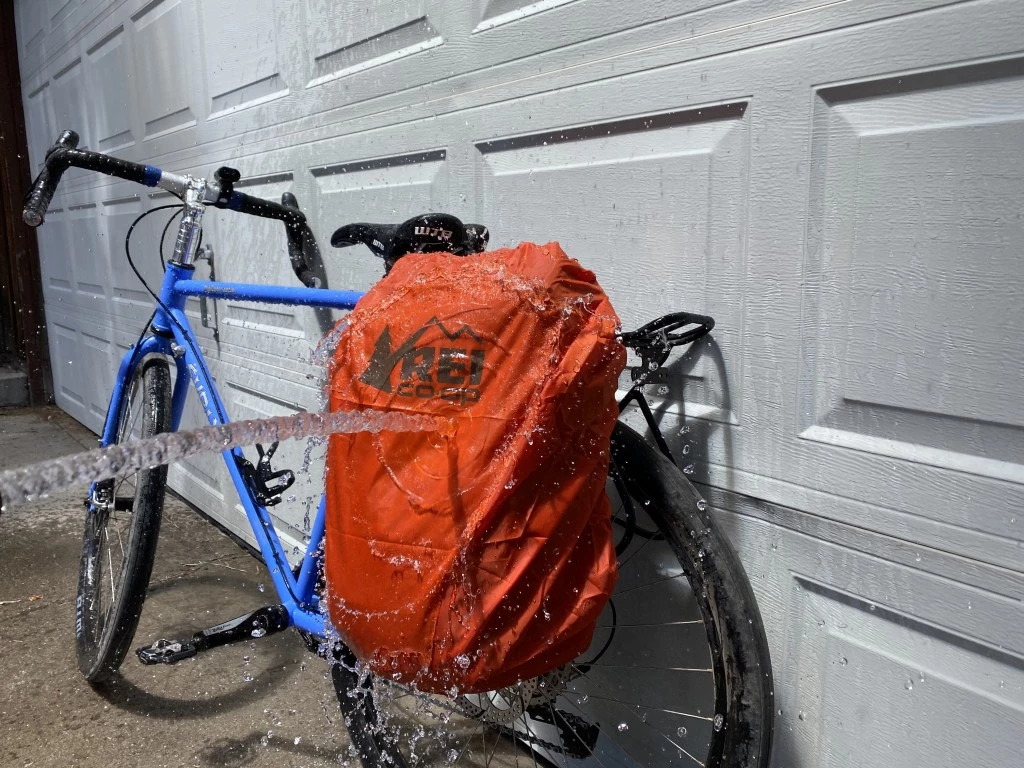 bike panniers - our spray test stood no chance against the rei rain cover.