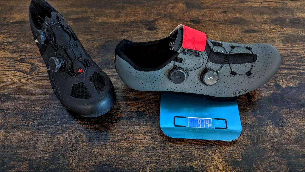 cycling shoes - the fizik vento infinito (right) comes in at a respectful 19.5...