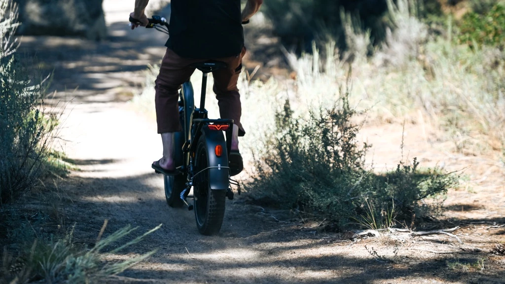 folding electric bike - the 4" tires give the rad a bit more confidence off-road.