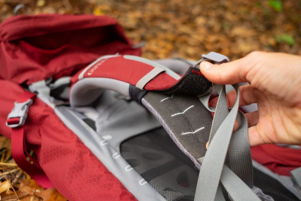 backpacks womens - peeling back the top layer of the osprey ariel's shoulder strap...