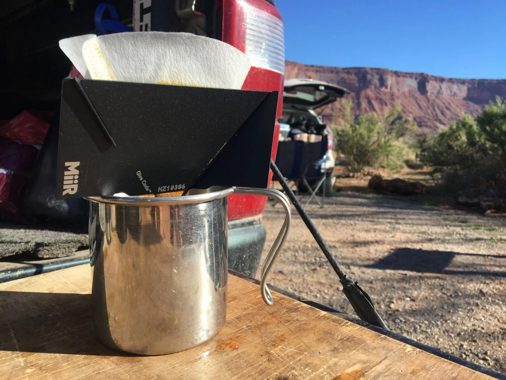 camping coffee - the cleverly designed miir pourigami is a pour-over that folds flat.